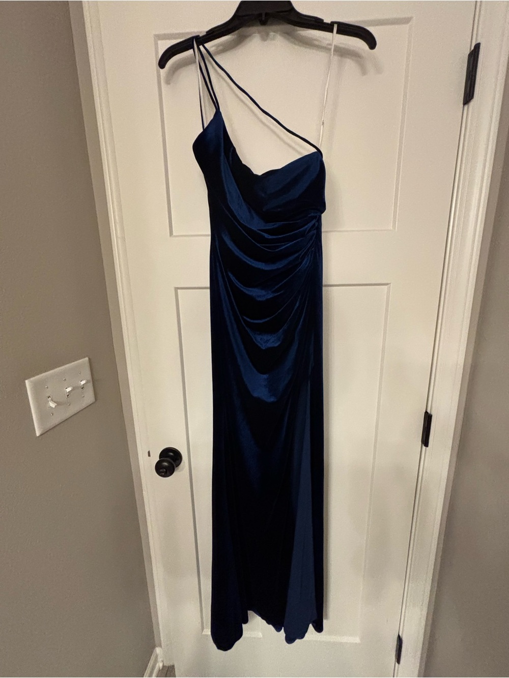 Navy Blue Satin One Shoulder Evening Dress